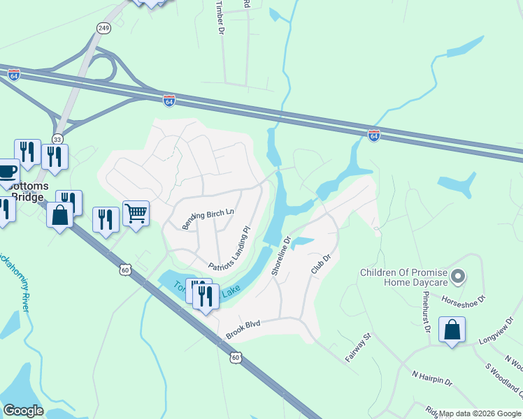 map of restaurants, bars, coffee shops, grocery stores, and more near 7755 Patriots Landing Place in Quinton