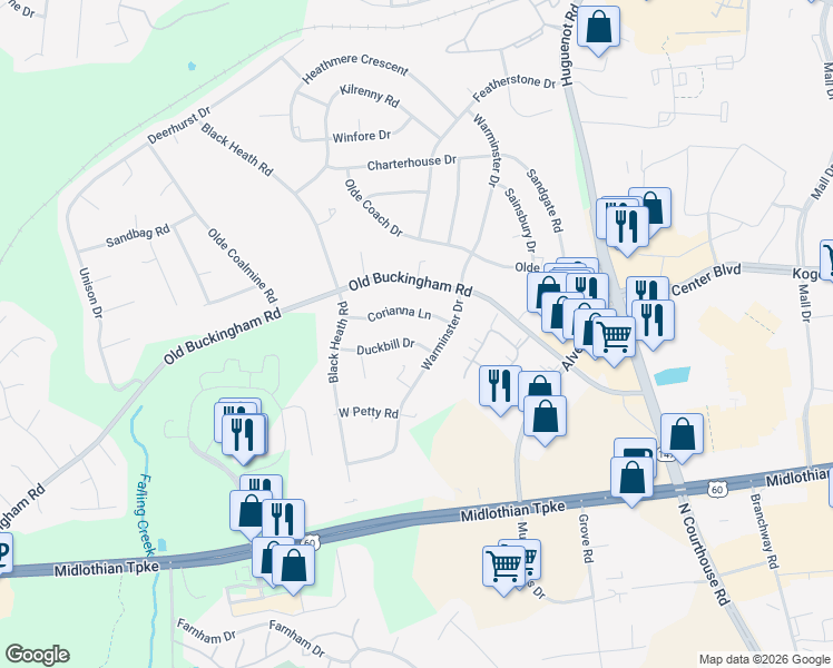 map of restaurants, bars, coffee shops, grocery stores, and more near 11945 Corianna Lane in Midlothian