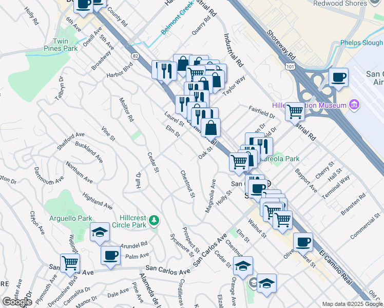 map of restaurants, bars, coffee shops, grocery stores, and more near 180 Elm Street in San Carlos