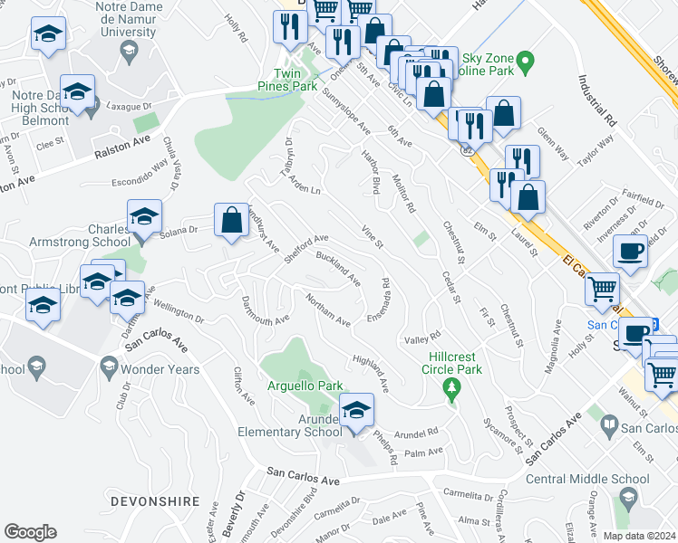 map of restaurants, bars, coffee shops, grocery stores, and more near 15 Buckland Court in San Carlos