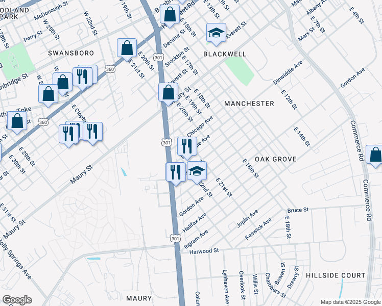 map of restaurants, bars, coffee shops, grocery stores, and more near 2102 Dinwiddie Avenue in Richmond