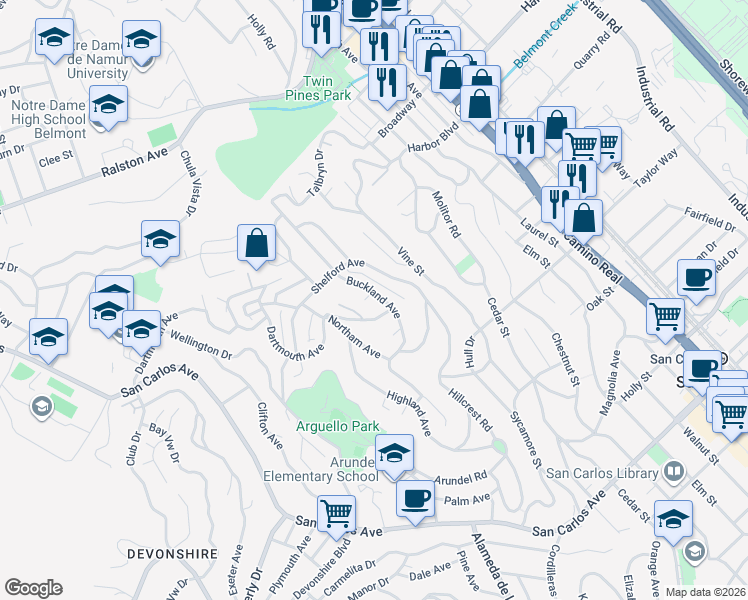 map of restaurants, bars, coffee shops, grocery stores, and more near 15 Buckland Court in San Carlos