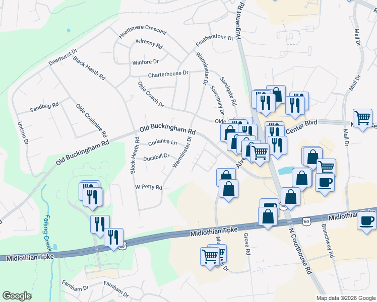 map of restaurants, bars, coffee shops, grocery stores, and more near 11900 Corianna Lane in Midlothian
