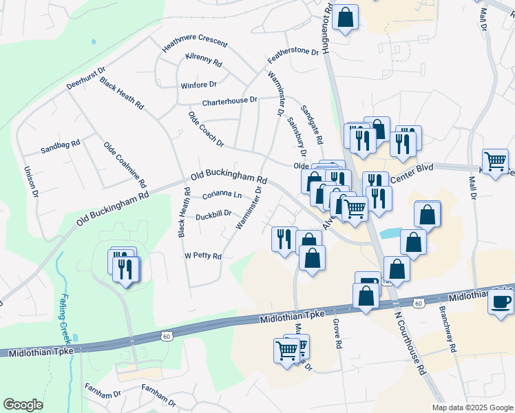 map of restaurants, bars, coffee shops, grocery stores, and more near 1321 Warminster Drive in Midlothian