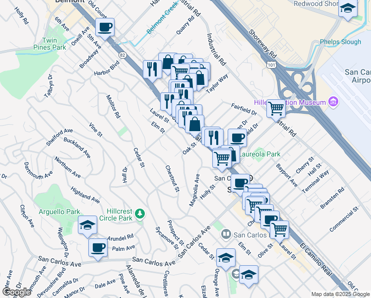 map of restaurants, bars, coffee shops, grocery stores, and more near 179 Elm Street in San Carlos