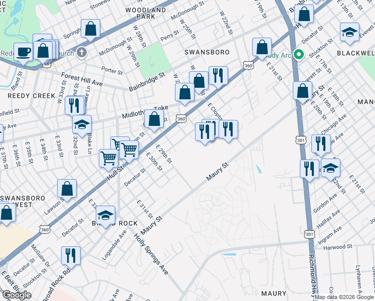 map of restaurants, bars, coffee shops, grocery stores, and more near 2804 Decatur Street in Richmond