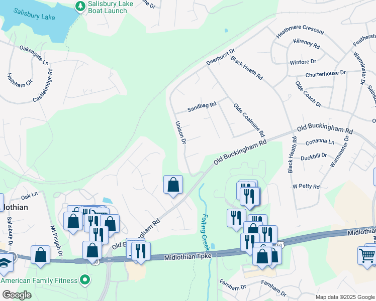 map of restaurants, bars, coffee shops, grocery stores, and more near 1407 Unison Drive in Midlothian