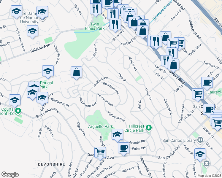 map of restaurants, bars, coffee shops, grocery stores, and more near 15 Buckland Court in San Carlos