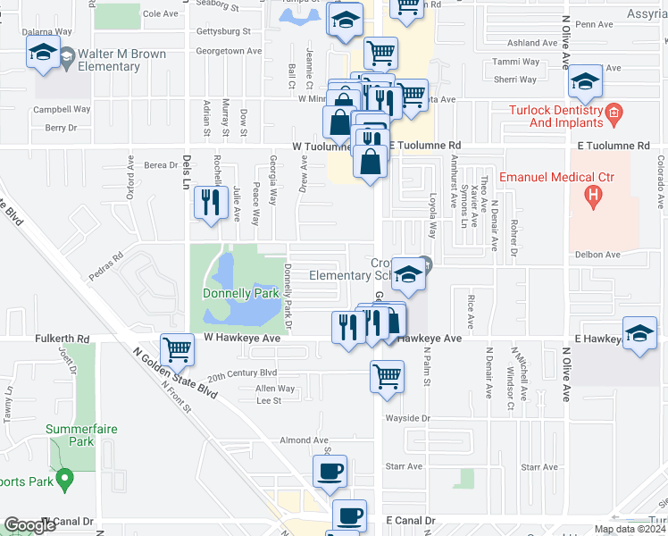 map of restaurants, bars, coffee shops, grocery stores, and more near 1841 Valparaiso Drive in Turlock