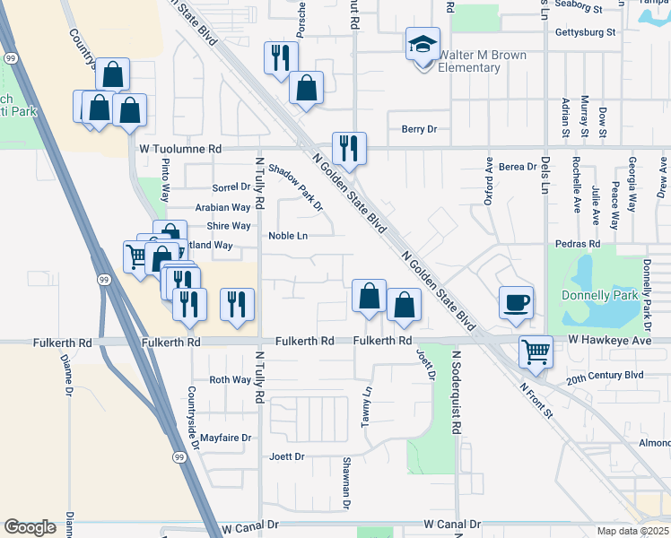 map of restaurants, bars, coffee shops, grocery stores, and more near 1700 North Tully Road in Turlock