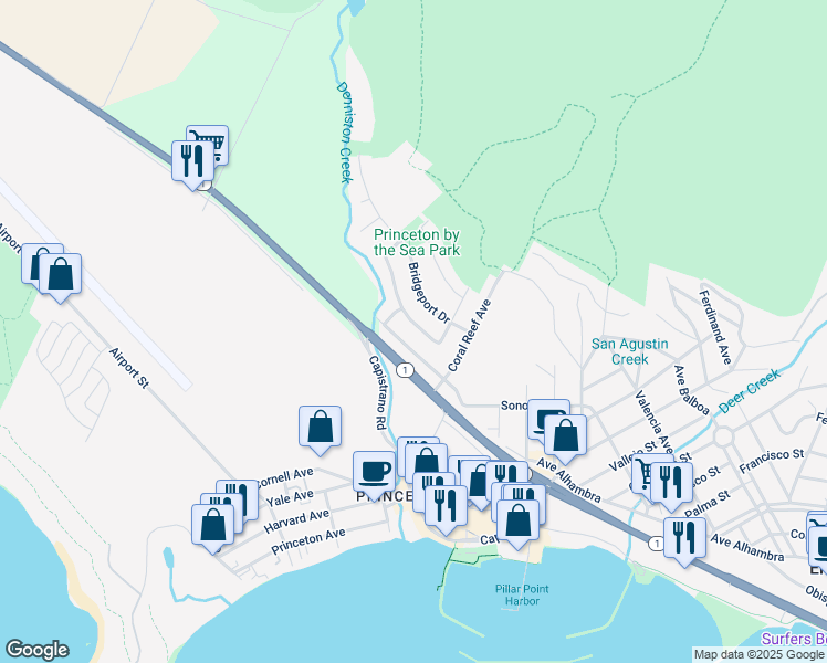 map of restaurants, bars, coffee shops, grocery stores, and more near 161 Shelter Cove Drive in Half Moon Bay