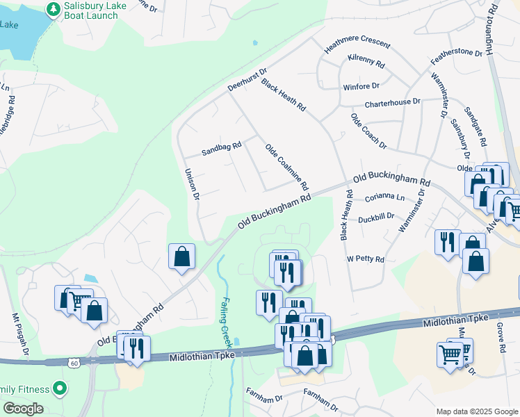map of restaurants, bars, coffee shops, grocery stores, and more near 12408 Old Buckingham Road in Midlothian