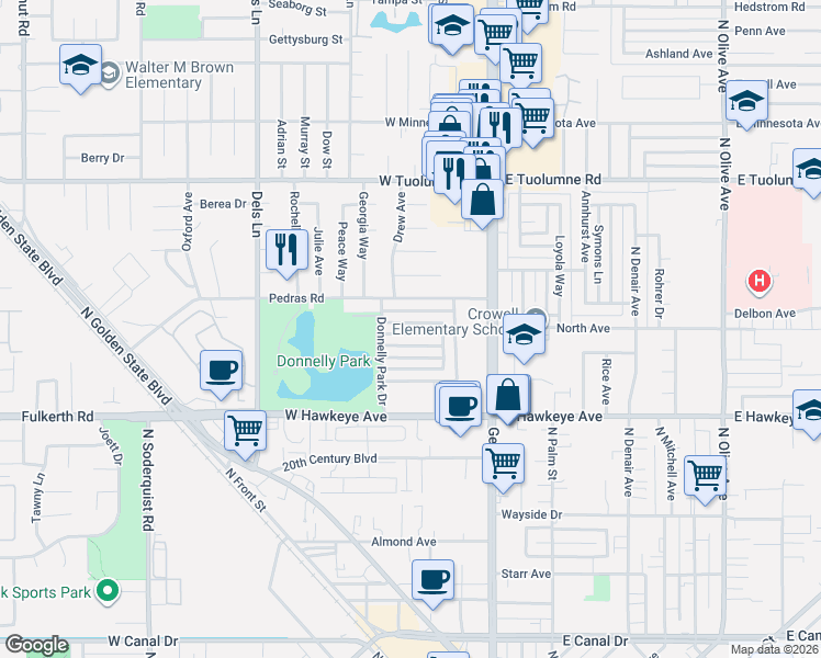 map of restaurants, bars, coffee shops, grocery stores, and more near 281 De Pauw Drive in Turlock