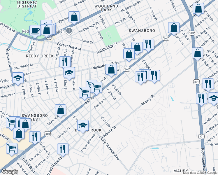 map of restaurants, bars, coffee shops, grocery stores, and more near 2864 Hull Street in Richmond