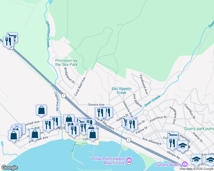 map of restaurants, bars, coffee shops, grocery stores, and more near 354 Avenue Granada in Half Moon Bay