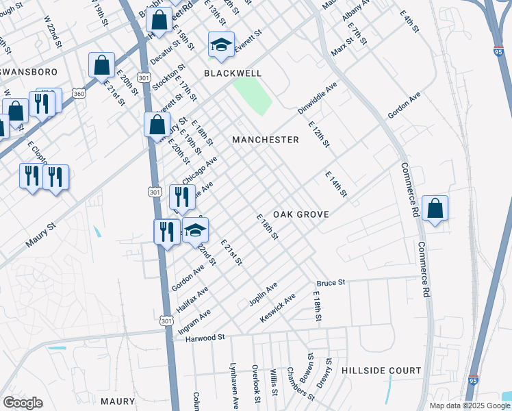 map of restaurants, bars, coffee shops, grocery stores, and more near 1718 Fairfax Avenue in Richmond