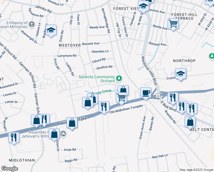 map of restaurants, bars, coffee shops, grocery stores, and more near 5225 Media Road in Richmond