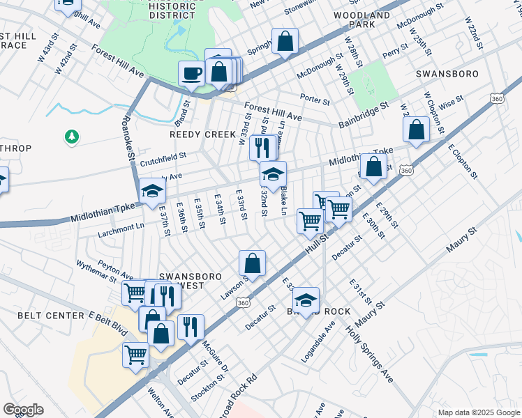 map of restaurants, bars, coffee shops, grocery stores, and more near 26 East 32nd Street in Richmond