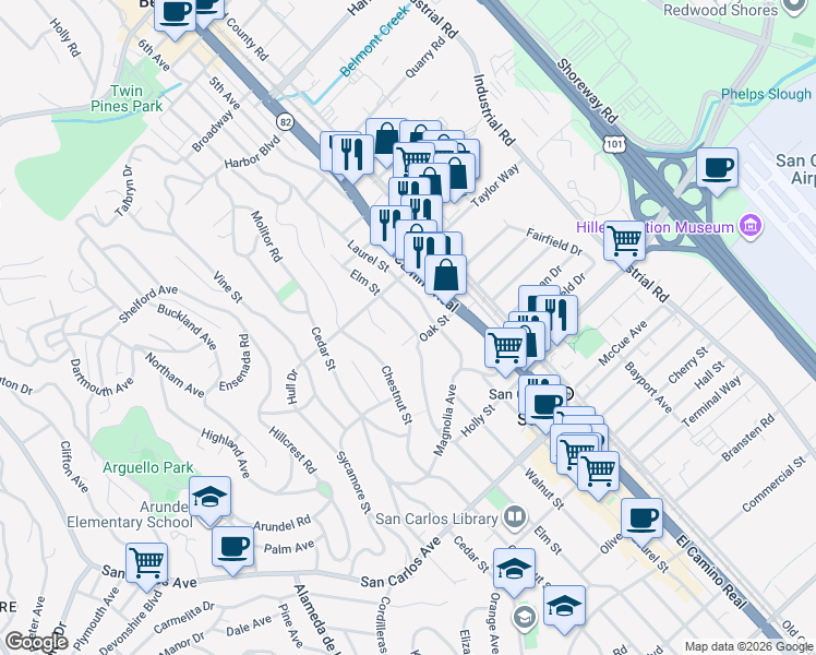 map of restaurants, bars, coffee shops, grocery stores, and more near 180 Elm Street in San Carlos