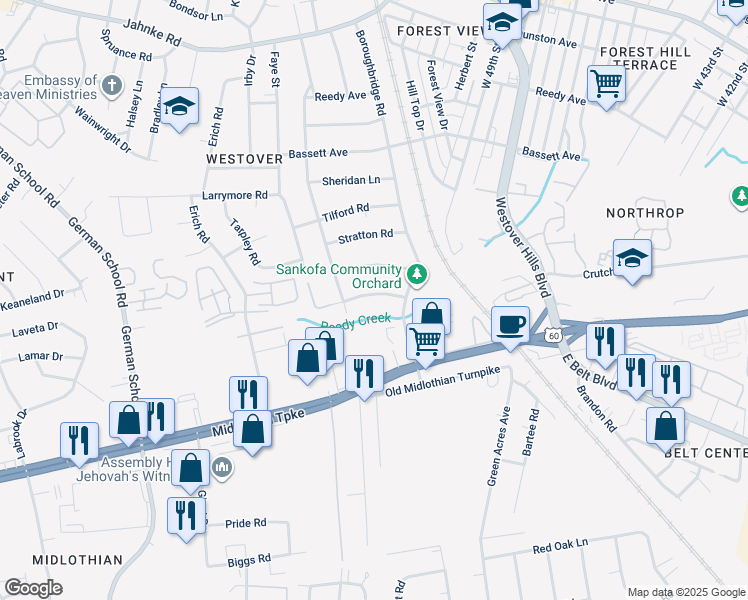map of restaurants, bars, coffee shops, grocery stores, and more near 5225 Media Road in Richmond