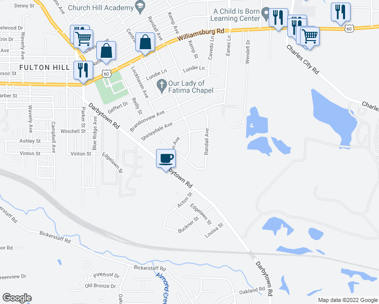 map of restaurants, bars, coffee shops, grocery stores, and more near 5613 Montpelier Street in Henrico
