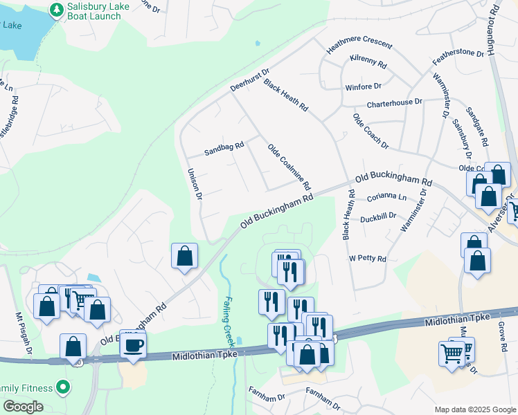 map of restaurants, bars, coffee shops, grocery stores, and more near 12408 Old Buckingham Road in Midlothian
