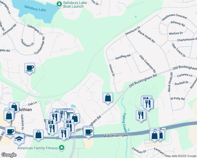 map of restaurants, bars, coffee shops, grocery stores, and more near 12606 Staffordshire Street in Midlothian