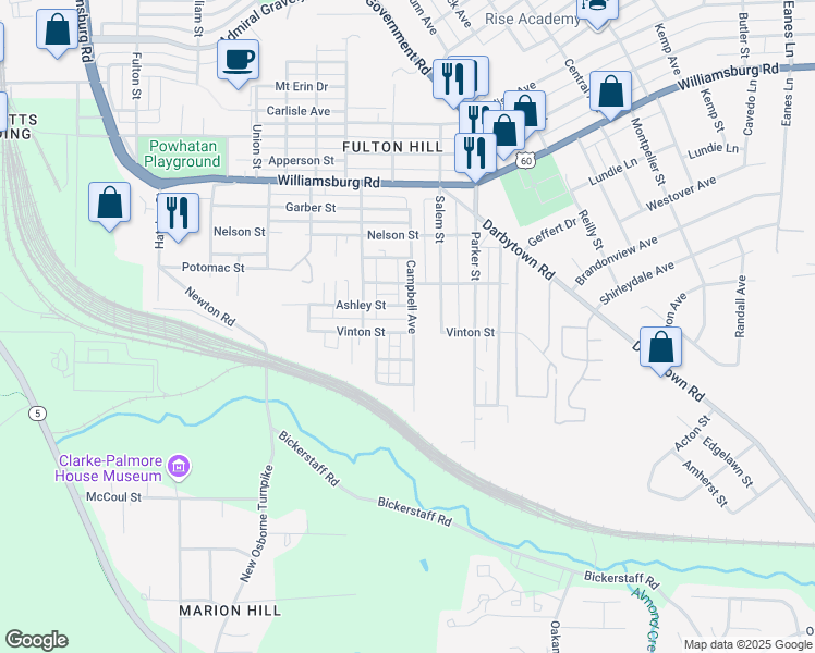 map of restaurants, bars, coffee shops, grocery stores, and more near 1418 Vinton Street in Richmond