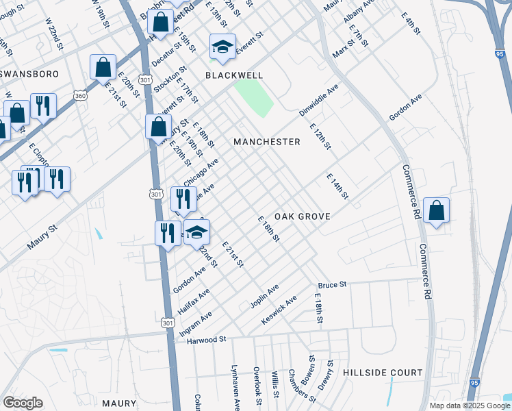map of restaurants, bars, coffee shops, grocery stores, and more near 1718 Fairfax Avenue in Richmond