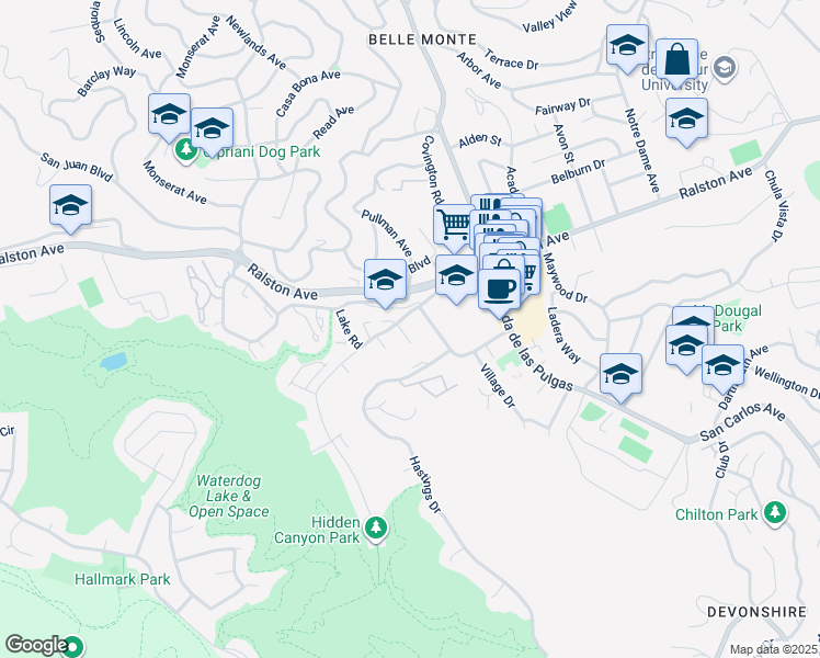map of restaurants, bars, coffee shops, grocery stores, and more near 2200 Carlmont Drive in Belmont