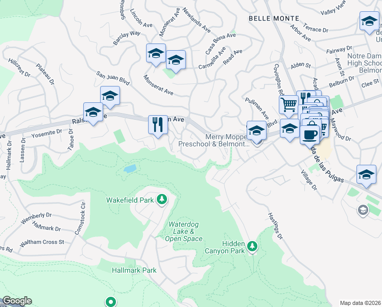 map of restaurants, bars, coffee shops, grocery stores, and more near 1039 Continentals Way in Belmont