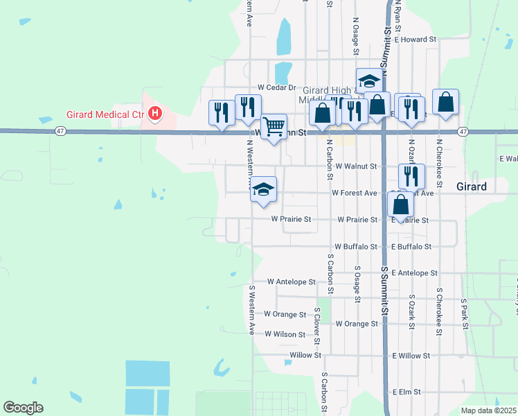 map of restaurants, bars, coffee shops, grocery stores, and more near 520 West Prairie Street in Girard