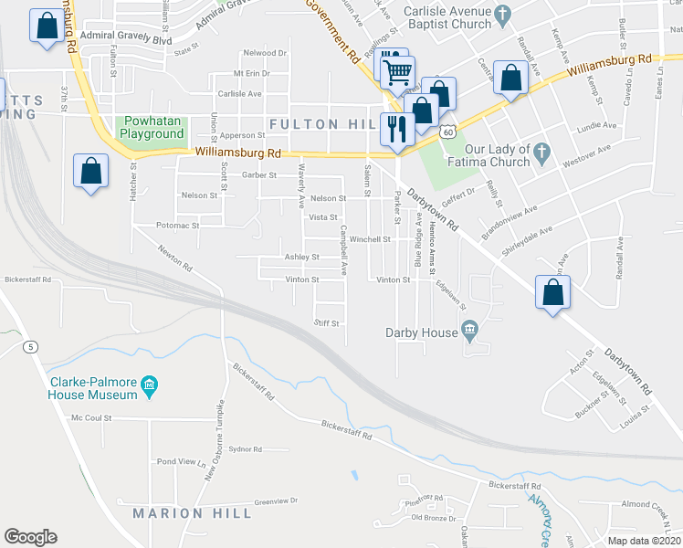 map of restaurants, bars, coffee shops, grocery stores, and more near 1418 Vinton Street in Henrico