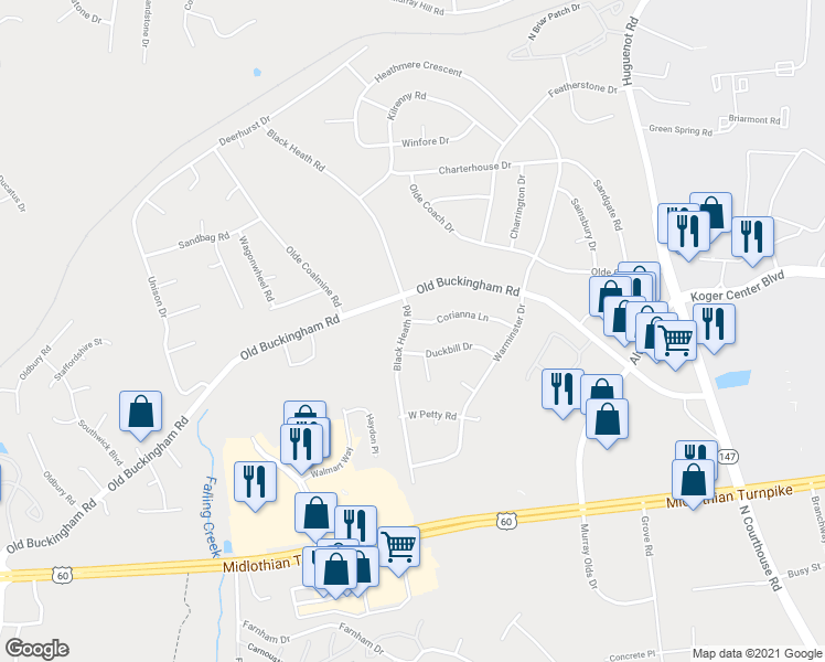 map of restaurants, bars, coffee shops, grocery stores, and more near 12041 Corianna Lane in Midlothian