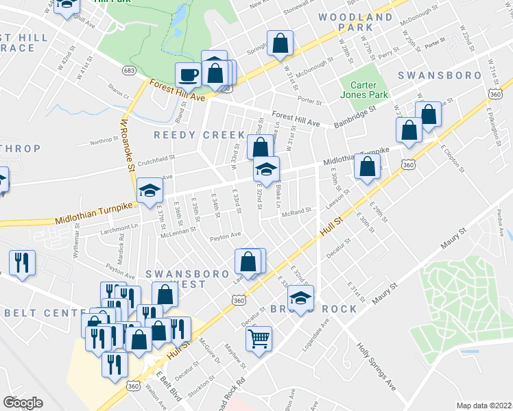 map of restaurants, bars, coffee shops, grocery stores, and more near 24 East 32nd Street in Richmond