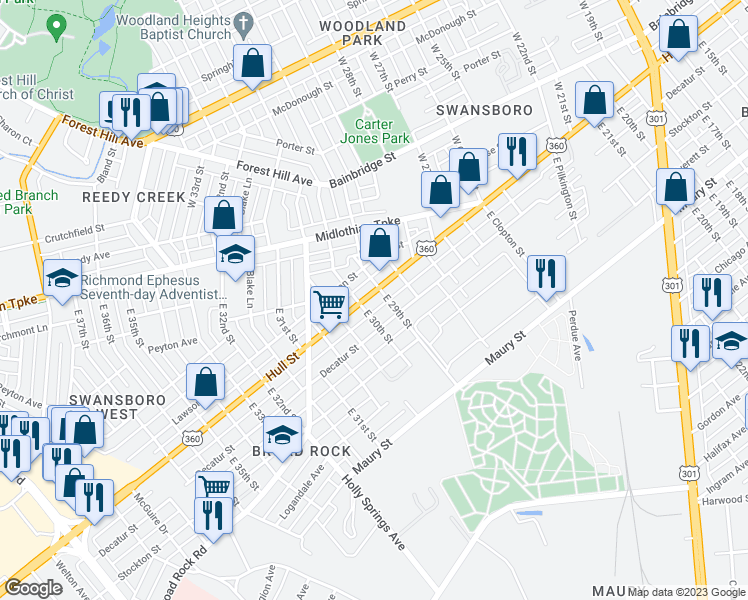 map of restaurants, bars, coffee shops, grocery stores, and more near 2906 Hull Street in Richmond