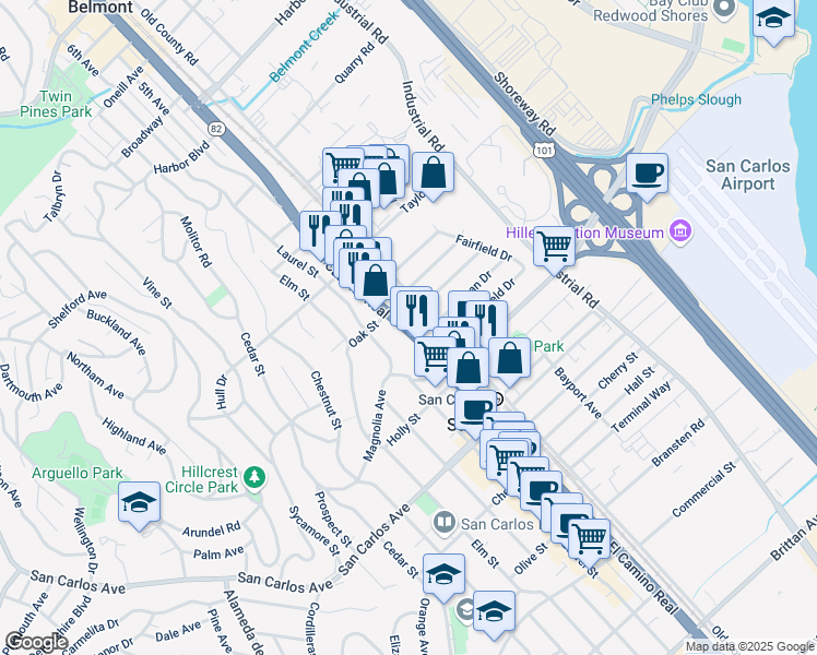 map of restaurants, bars, coffee shops, grocery stores, and more near 331 El Camino Real in San Carlos