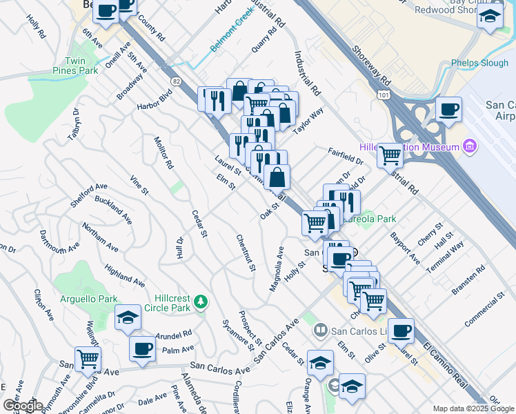 map of restaurants, bars, coffee shops, grocery stores, and more near 179 Elm Street in San Carlos