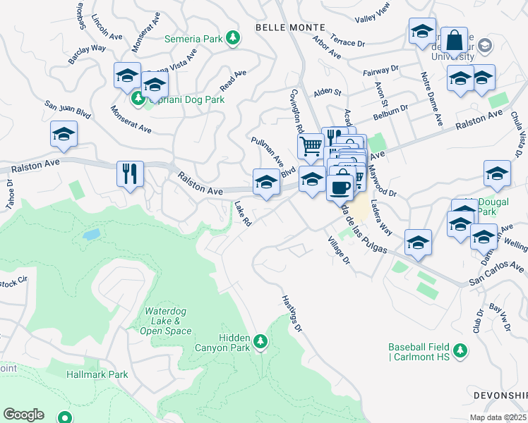 map of restaurants, bars, coffee shops, grocery stores, and more near 2200 Carlmont Drive in Belmont