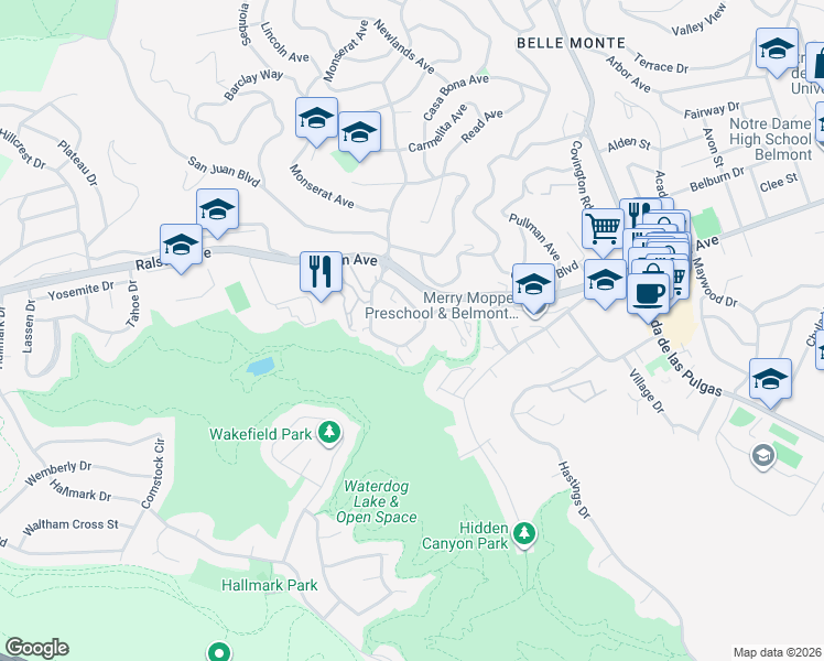 map of restaurants, bars, coffee shops, grocery stores, and more near 1100 Continentals Way in Belmont