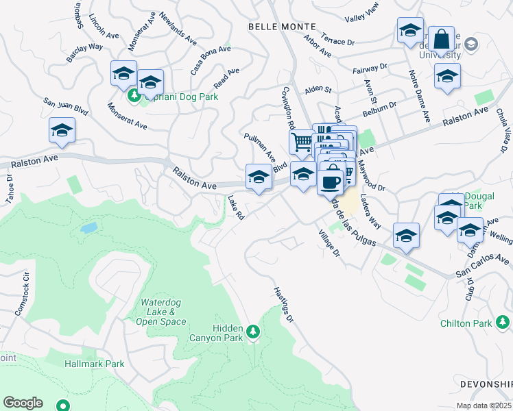map of restaurants, bars, coffee shops, grocery stores, and more near 2200 Carlmont Drive in Belmont