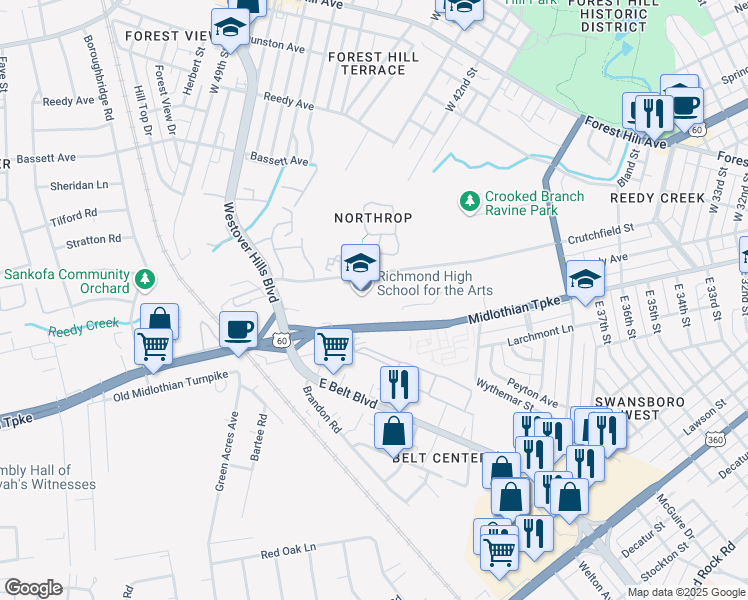 map of restaurants, bars, coffee shops, grocery stores, and more near 4314 Crutchfield Street in Richmond