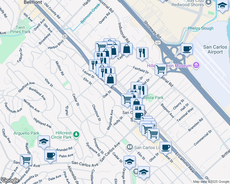 map of restaurants, bars, coffee shops, grocery stores, and more near in San Carlos