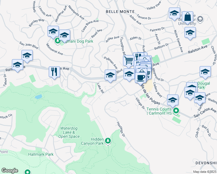 map of restaurants, bars, coffee shops, grocery stores, and more near 2302 Carlmont Drive in Belmont
