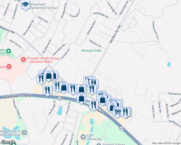 map of restaurants, bars, coffee shops, grocery stores, and more near 1142 Old Bon Air Road in Richmond