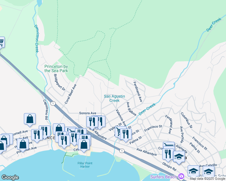 map of restaurants, bars, coffee shops, grocery stores, and more near 839 San Carlos Avenue in Half Moon Bay