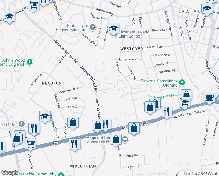 map of restaurants, bars, coffee shops, grocery stores, and more near 435 German School Road in Richmond