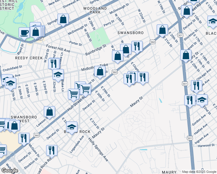 map of restaurants, bars, coffee shops, grocery stores, and more near 2853 Decatur Street in Richmond