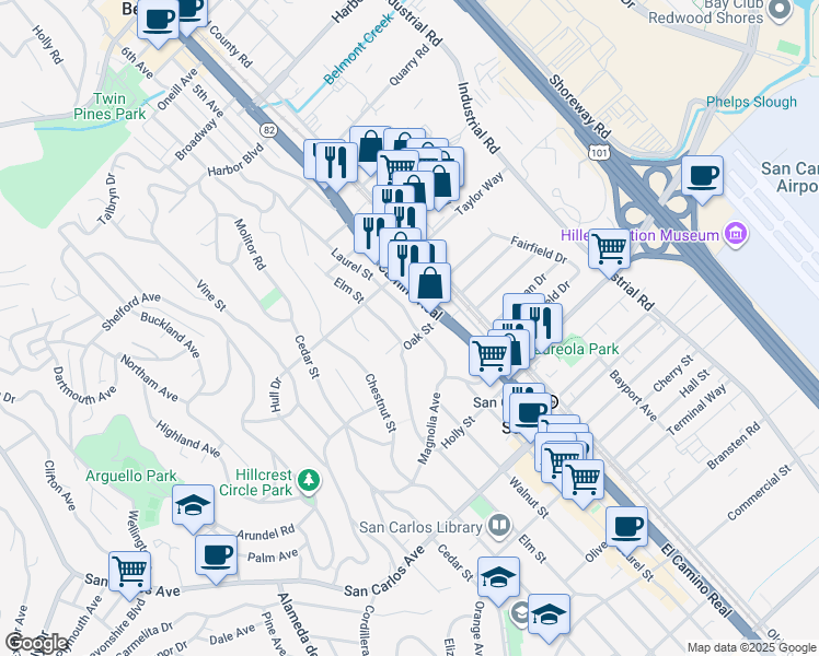 map of restaurants, bars, coffee shops, grocery stores, and more near 179 Elm Street in San Carlos