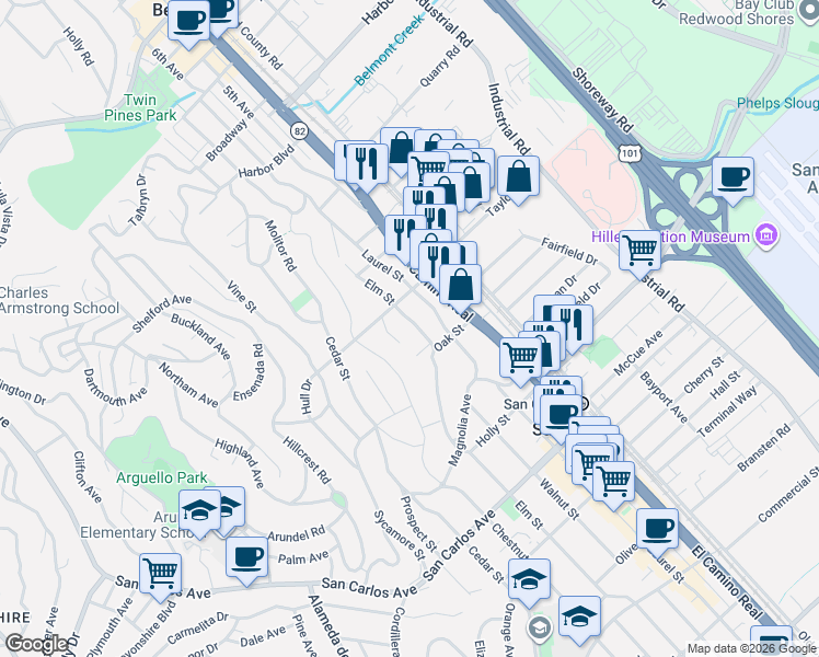 map of restaurants, bars, coffee shops, grocery stores, and more near 179 Elm Street in San Carlos